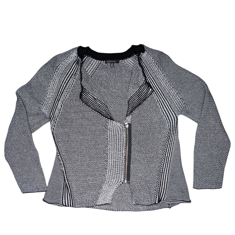 Parkhurst Women's large Black White Knit Full‎ Zip Cardigan Sweater Unqiue